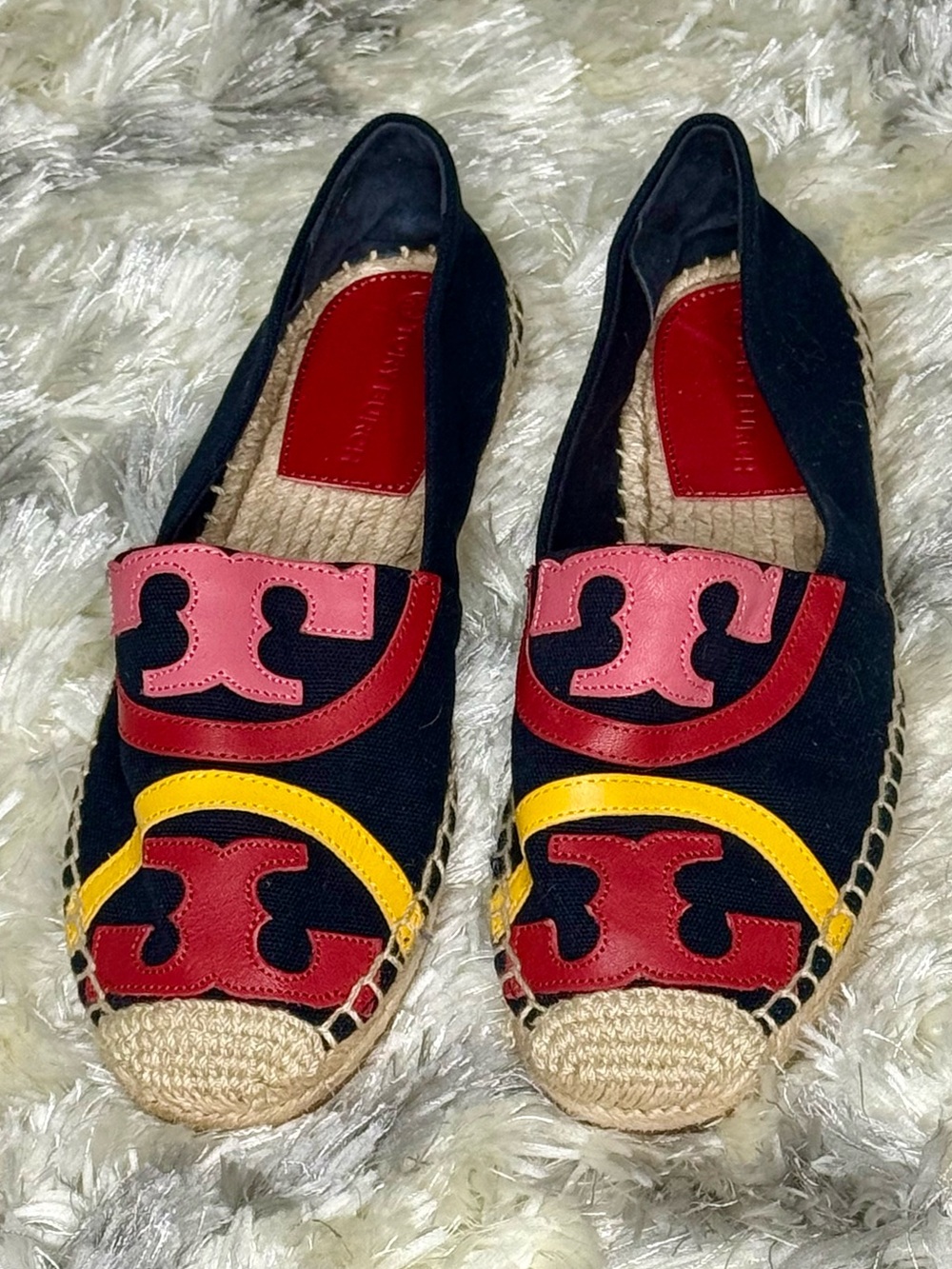 Tory Burch Black Canvas Espadrilles with Red, Pink & Yellow Leather Accents